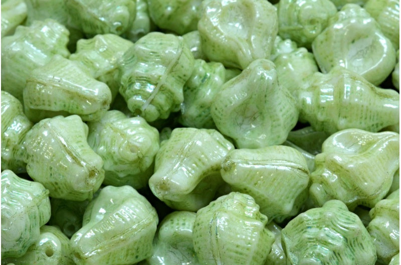 アウトレット 10グラム ミュレックスシェルビーズ、15 x 12 mm、ホワイトラスターグリーンフルコーティング（02010-14457）、ガラス、チェコ共和国