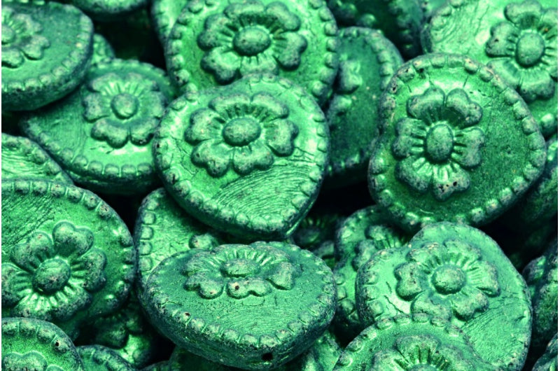 OUTLET 10 grams Heart Beads With Rose, 17 x 17 mm, Black Iris Green (23980-79203), Glass, Czech Republic