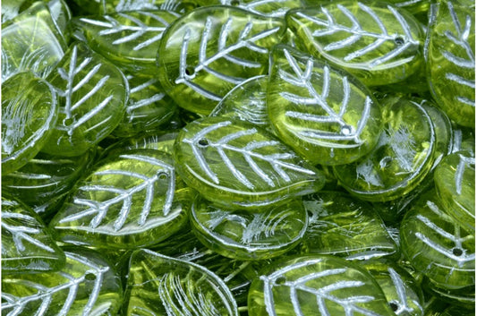 Apple Leaf Beads, Transparent Green Silver Lined (50220-54301), Glass, Czech Republic