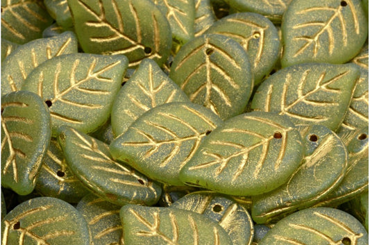 Apple Leaf Beads, Transparent Green Matte Gold Lined (50220-84100-54302), Glass, Czech Republic