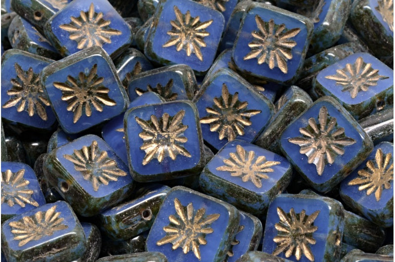 方形猕猴桃桌切珠，蛋白石蓝色石灰华镀金 (31000-86800-54302)，玻璃，捷克共和国