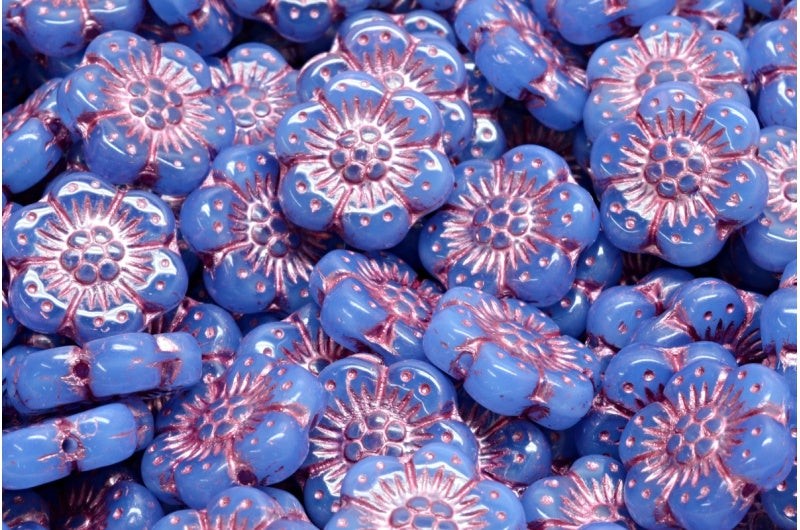 Boho Flower Beads, Opal Blue Pink Lined (31000-54321), Glass, Czech Republic