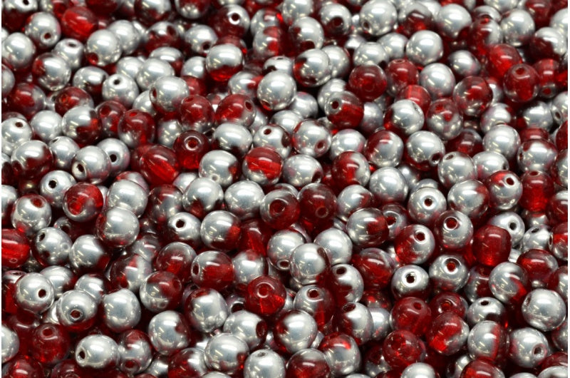 Round Druck Beads, Ruby Red Crystal Silver Half Coating (90080-27001), Glass, Czech Republic