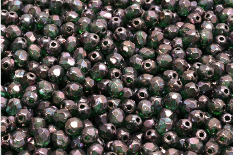 ファセット加工ビーズ ラウンド、透明グリーン星雲（50130-15001）、ボヘミアクリスタルガラス、チェコ共和国