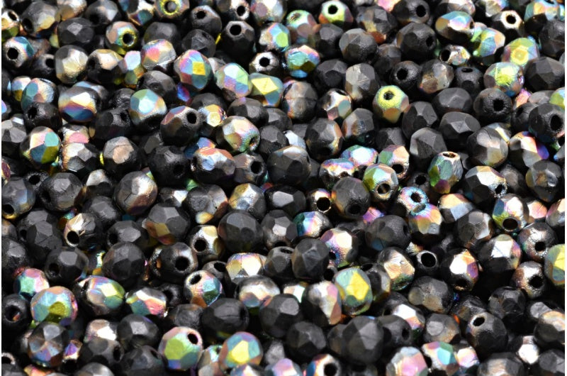 Fire Polished Faceted Beads Round, Black Etched Crystal Vitrail Medium Coating (23980-ETCH-28101), Bohemia Crystal Glass, Czech Republic