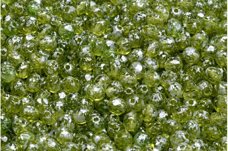 Fire Polished Faceted Beads Round, Transparent Green Silver Splash (50230-94400), Bohemia Crystal Glass, Czech Republic