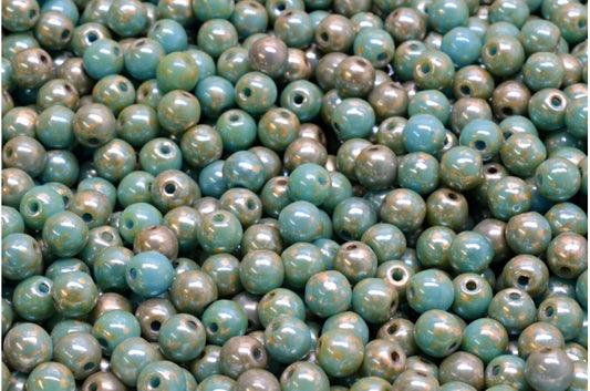 Round Druck Beads, Opaque Blue Picasso (33100-43400), Glass, Czech Republic