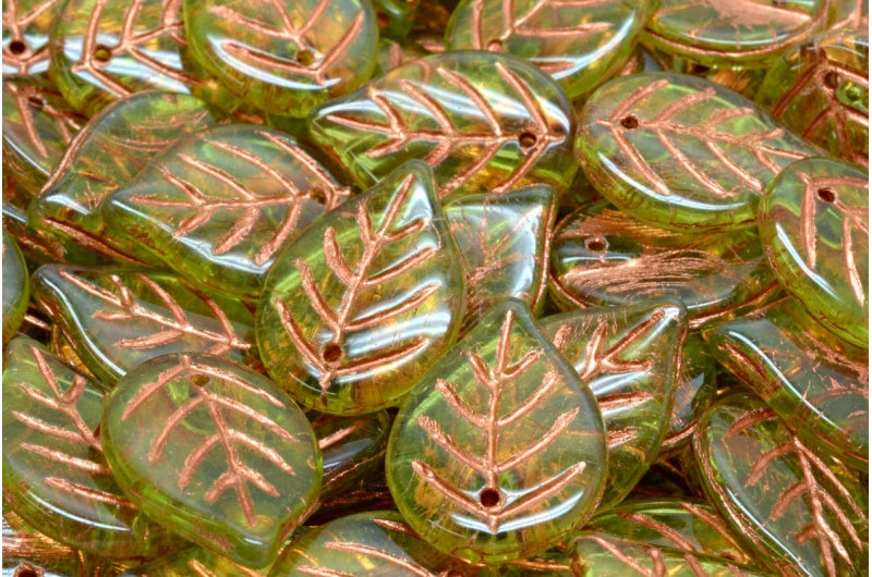 Apple Leaf Beads, Transparent Green Copper Lined (50220-54319), Glass, Czech Republic