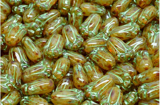 Tulip Bud Beads, Opal Orange Travertin Green (11000-86800-43813), Glass, Czech Republic