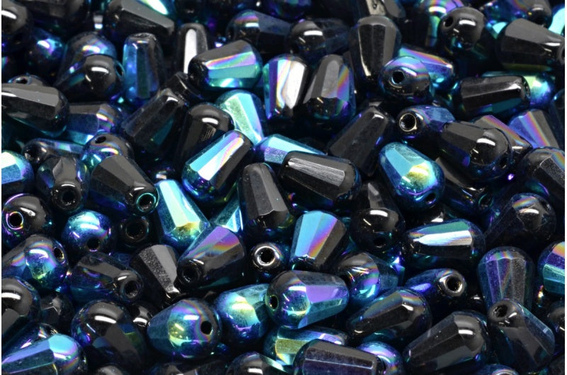 Faceted Fire polished Teardrop Beads, Black Ab (23980-28701), Glass, Czech Republic