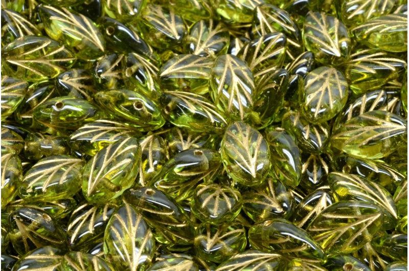 Beech Leaf Beads, Transparent Green Gold Lined (50220-54302), Glass, Czech Republic