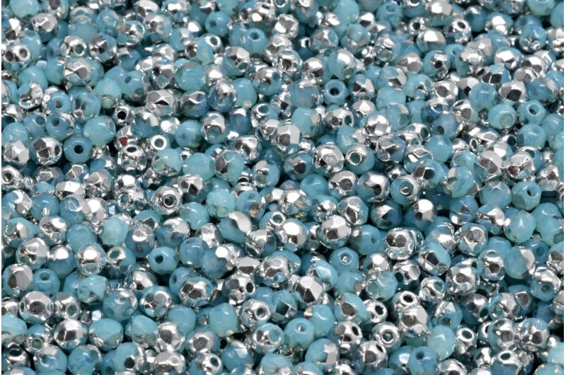 ファセットラウンドファイアポリッシュビーズ、オパールアクアクリスタルシルバーハーフコーティング（61010-27001）、ガラス、チェコ共和国