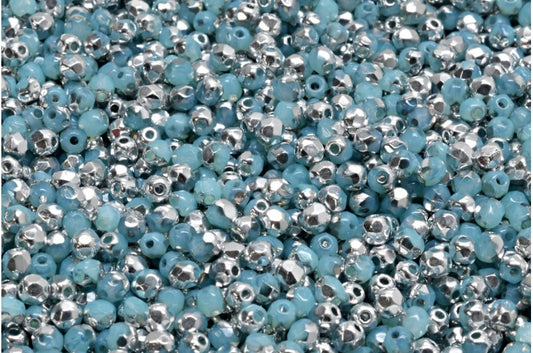 多面圆形火抛光珠，蛋白石海蓝水晶银半涂层 (61010-27001)，玻璃，捷克共和国