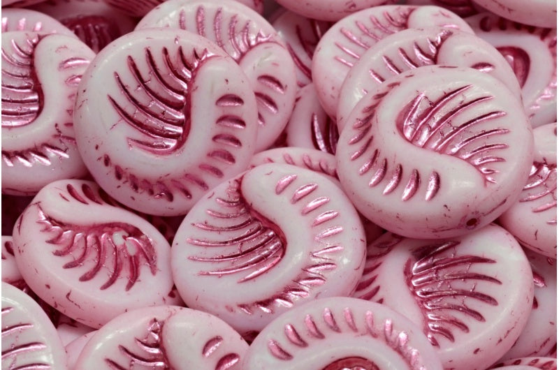 化石コインビーズ、ホワイトマットピンクライン（02010-84100-54321）、ガラス、チェコ共和国