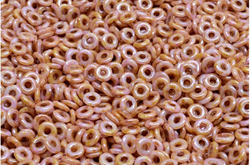 Fish Ring Pressed Glass Beads (Like O-Bead Or Demi Round), White Pink Beige Luster Spotted (02010-65323), Glass, Czech Republic