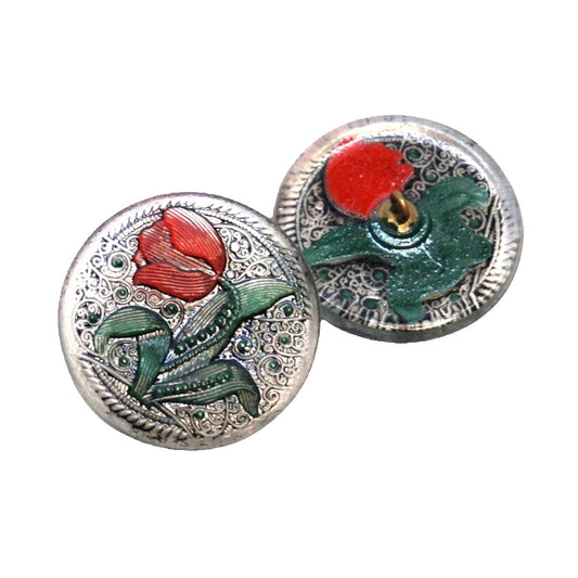 1個 ハンドペイントガラスボタン（飾り付き）、サイズ14（31.5 mm）、ガラス、チェコ共和国