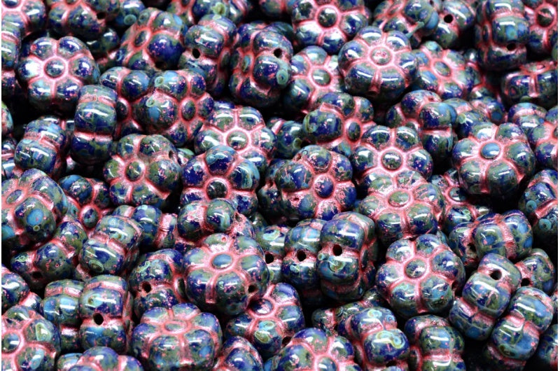 OUTLET 10 grams Flat Flower Beads, Opaque Blue Travertin Red Lined (33070-86800-43808), Glass, Czech Republic