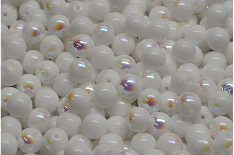 Round Druck Beads, White Ab (02010-28701), Glass, Czech Republic