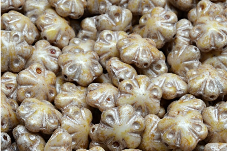 OUTLET 10 克民间传说花朵珠，11 x 11 毫米，白色奶油光泽斑点 (02010-65321)，玻璃，捷克共和国