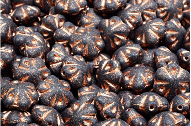 OUTLET 10 grams Folklore Flower Beads, 11 x 11 mm, Black Matte Copper Lined (23980-84100-54318), Glass, Czech Republic