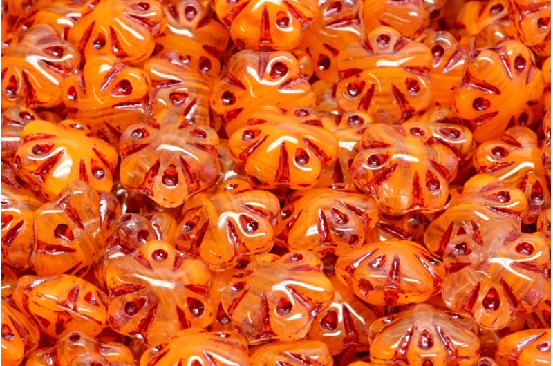 OUTLET 10 grams Folklore Flower Beads, 11 x 11 mm, Orange Red Lined (R0912-54314), Glass, Czech Republic