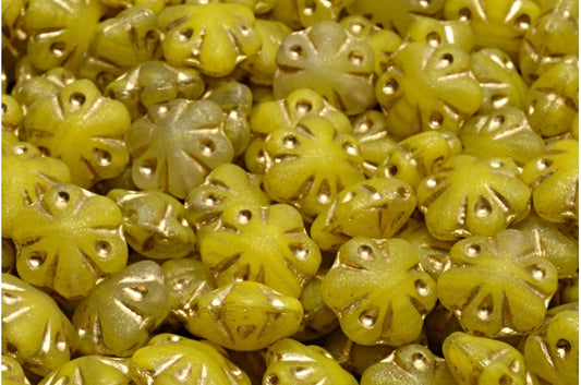 OUTLET 10 Gramm Folklore-Blumenperlen, Gelb matt mit Gold ausgekleidet (R0812-84100-54302), Glas, Tschechische Republik