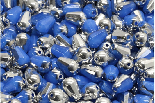 Faceted Fire polished Teardrop Beads, Opal Blue Crystal Silver Half Coating (31010-27001), Glass, Czech Republic