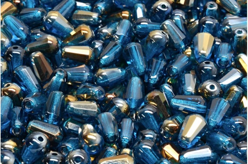 OUTLET 10 grams Faceted Fire Polished Teardrop Beads, 8 x 6 mm, Transparent Aqua Crystal Bronze Capri (60080-22601), Glass, Czech Republic