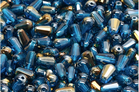 OUTLET 10 grams Faceted Fire Polished Teardrop Beads, 8 x 6 mm, Transparent Aqua Crystal Bronze Capri (60080-22601), Glass, Czech Republic