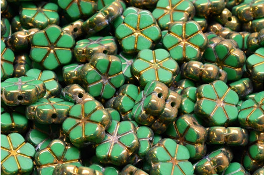 OUTLET 10 grams Table Cut Garland Flower Beads, Opaque Green Brass (53230-90215), Glass, Czech Republic