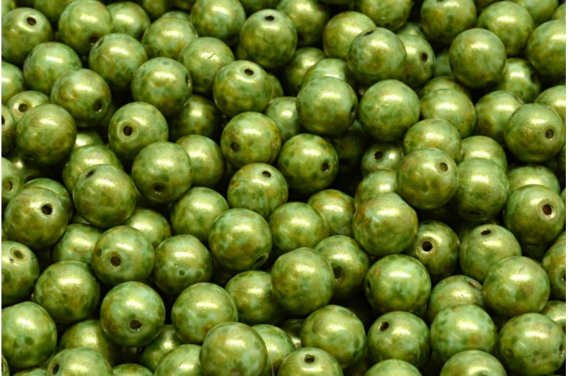 ラウンドドラックビーズ、ホワイトブラウンラスタースポット（02010-65326）、ガラス、チェコ共和国