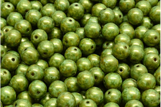 ラウンドドラックビーズ、ホワイトブラウンラスタースポット（02010-65326）、ガラス、チェコ共和国