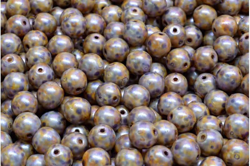 Round Druck Beads, White Purple Brown Luster Spotted (02010-65329), Glass, Czech Republic