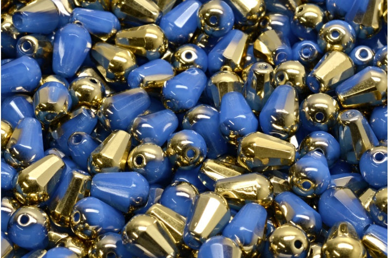 Faceted Fire polished Teardrop Beads, Opal Blue Gold (31010-26441), Glass, Czech Republic