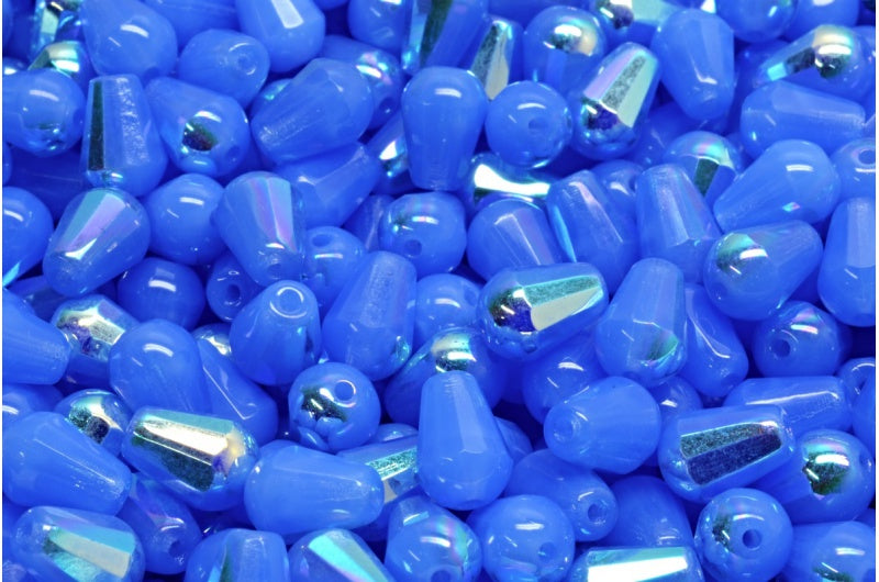 Faceted Fire polished Teardrop Beads, Opal Blue Ab (31010-28701), Glass, Czech Republic