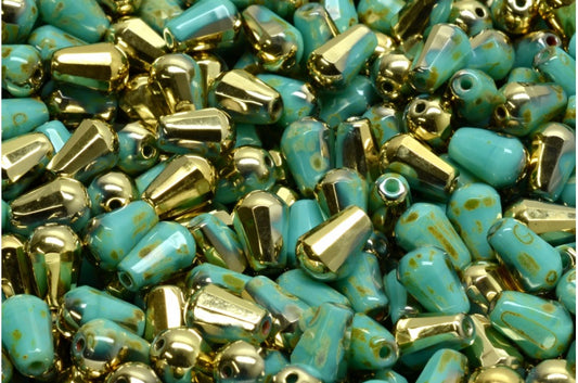 OUTLET 10 grams Faceted Fire Polished Teardrop Beads, 8 x 6 mm, Turquoise Travertin Gold (63130-86800-26441), Glass, Czech Republic