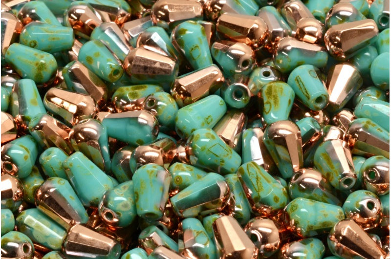 Faceted Fire polished Teardrop Beads, Turquoise Travertin Rose Gold Capri (63130-86800-27101), Glass, Czech Republic