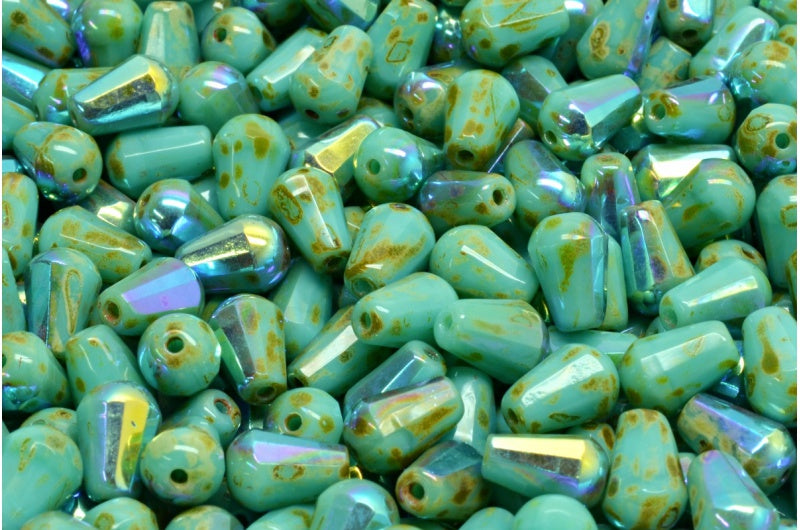 Faceted Fire polished Teardrop Beads, Turquoise Travertin Ab (63130-86800-28701), Glass, Czech Republic