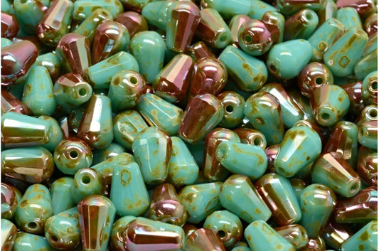 Faceted Fire polished Teardrop Beads, Turquoise Travertin Apricot Coatings (63130-86800-29121), Glass, Czech Republic