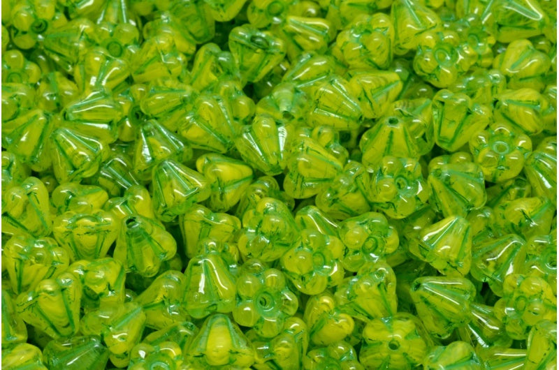 OUTLET 10 grams Bell Flower Beads, 4 x 6 mm, Yellow Green Lined (R0812-54329), Glass, Czech Republic