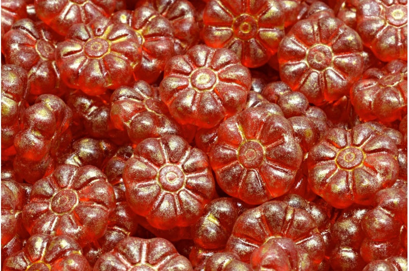 OUTLET 10 grams Asterisk Flower Beads, 12 x 12 mm, Transparent Red Matte Light Yellow (90050-84100-34302), Glass, Czech Republic