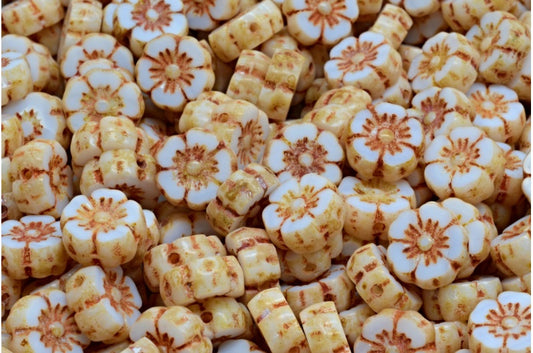 Table Cut Hawaii Flower Beads, White Travertin (02010-86800), Glass, Czech Republic