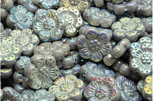 OUTLET 10 grams Boho Flower Beads, 14 x 14 mm, White Ab Full (2X Side) Silver Lined (02010-28703-54201), Glass, Czech Republic