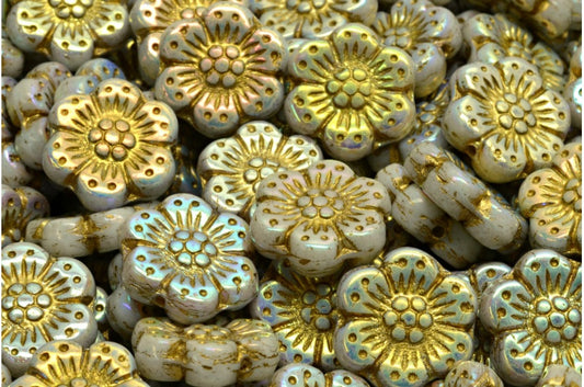 OUTLET 10 grams Boho Flower Beads, 14 x 14 mm, White Ab Full (2X Side) Gold Lined (02010-28703-54202), Glass, Czech Republic