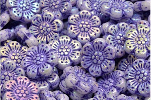 OUTLET 10 grams Boho Flower Beads, 14 x 14 mm, White Ab Full (2X Side) 43810 (02010-28703-43810), Glass, Czech Republic