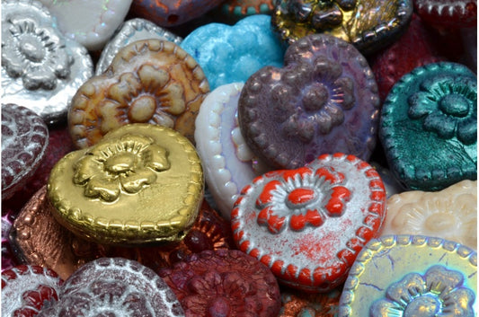 OUTLET 10 grams Heart Beads With Rose, 17 x 17 mm, 1 Mixed Colors (00001-mix), Glass, Czech Republic