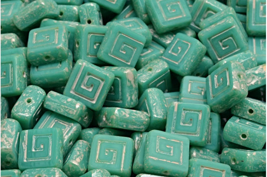 Table Cut Celtic Square Beads, Turquoise Antique Silver Patina (63130-81002), Glass, Czech Republic