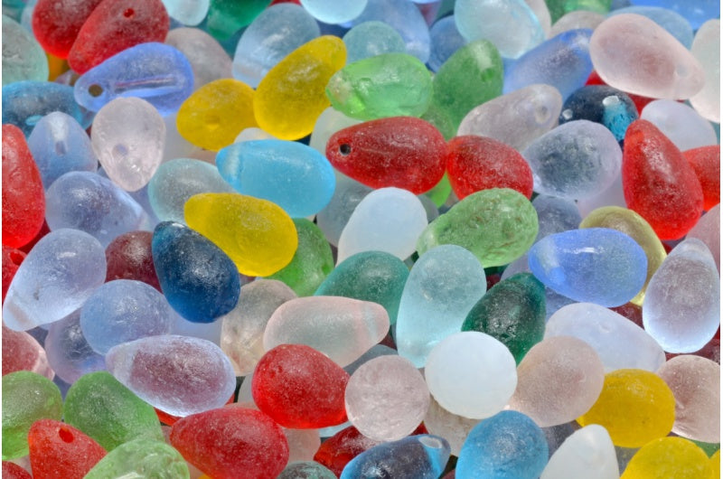 OUTLET 10 grams Drop Beads, 6 x 9 mm, 1 Mixed Colors Etched (00001-mix-etch), Glass, Czech Republic