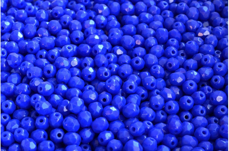 Faceted Round Fire Polished Beads, Opaque Blue (33050), Glass, Czech Republic