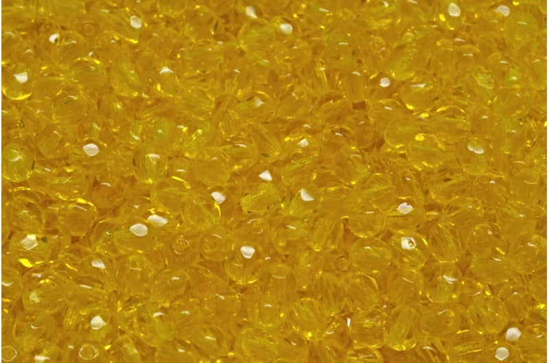 Faceted Round Fire Polished Beads, Transparent Yellow (80020), Glass, Czech Republic